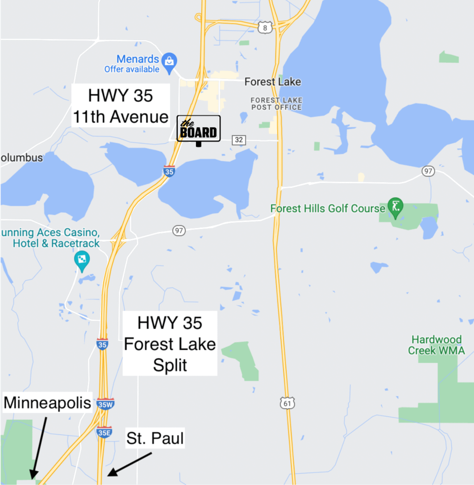 map of the board showing Forest Lake Split off Highway 35